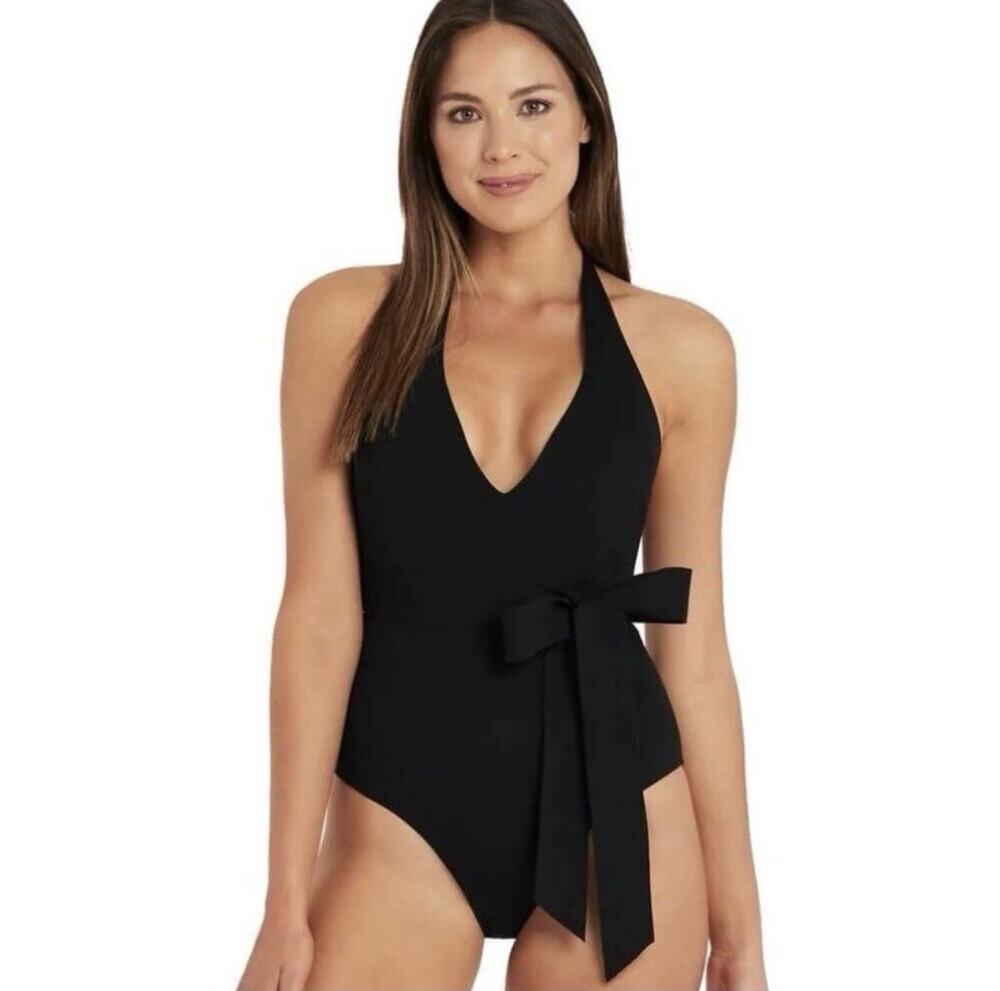 SEA LEVEL Dark Romance Bonded Belt Plunge One Piece Swimsuit Black 12 Halter Bow